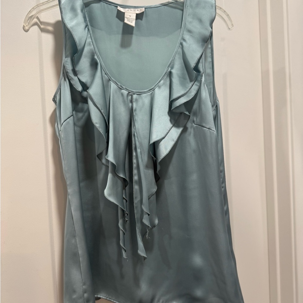 Kenar Satin Blue Ruffle Blouse